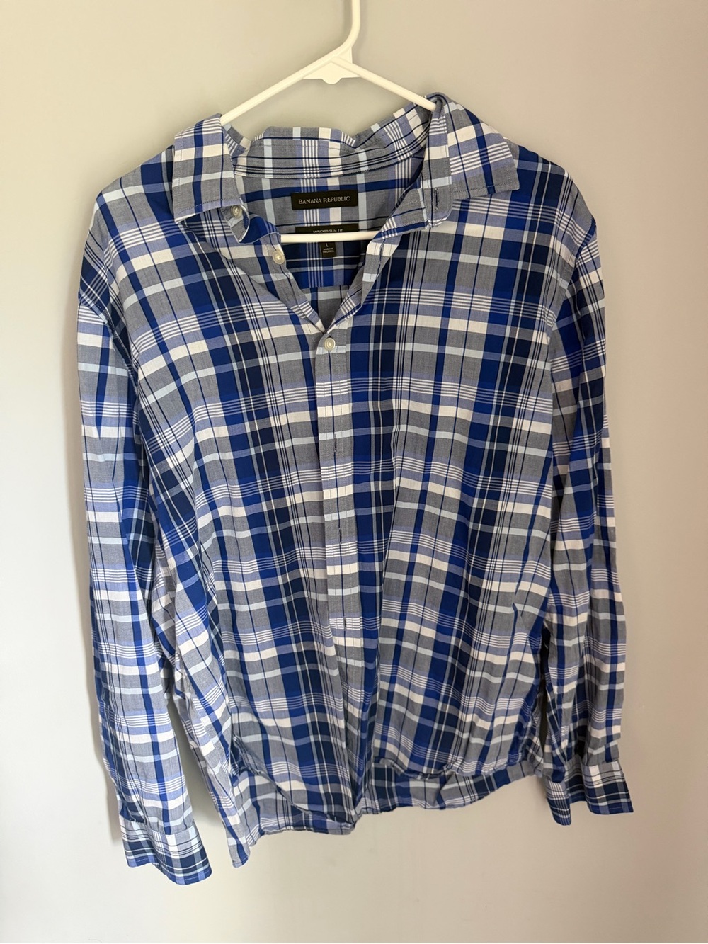 Banana Republic Men’s L Untucked Slim Fit Blue Plaid 100% Cotton Shirt